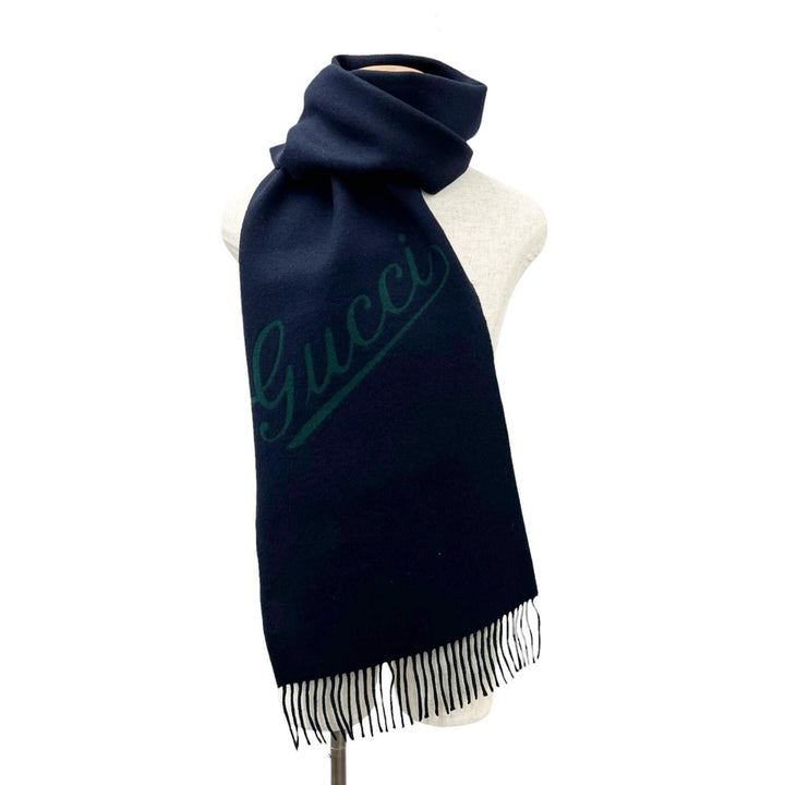 未使用品▲GUCCI グッチ 24AW 795273 スクリプト スカーフ ウール カシミヤ混 マフラー ネイビー グリーン 伊製 正規品 メンズ 箱付き