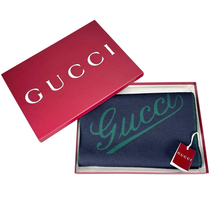 未使用品▲GUCCI グッチ 24AW 795273 スクリプト スカーフ ウール カシミヤ混 マフラー ネイビー グリーン 伊製 正規品 メンズ 箱付き