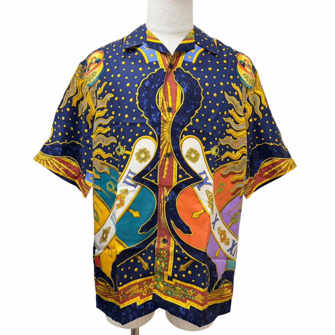 未使用品□HERMES エルメス ヴィンテージ CARPE DIEM シルク100％ 半袖 オープンカラー 開襟シャツ ネイビー 38/15 フランス製 メンズ