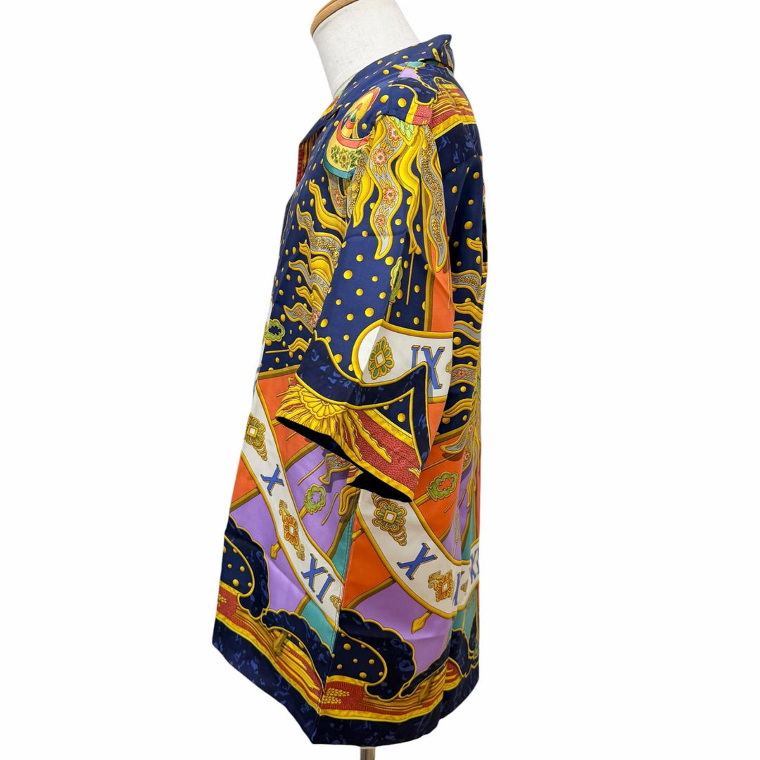 未使用品□HERMES エルメス ヴィンテージ CARPE DIEM シルク100％ 半袖 オープンカラー 開襟シャツ ネイビー 38/15 フランス製 メンズ