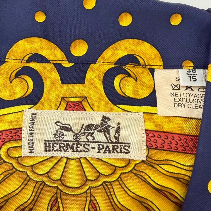 未使用品□HERMES エルメス ヴィンテージ CARPE DIEM シルク100％ 半袖 オープンカラー 開襟シャツ ネイビー 38/15 フランス製 メンズ