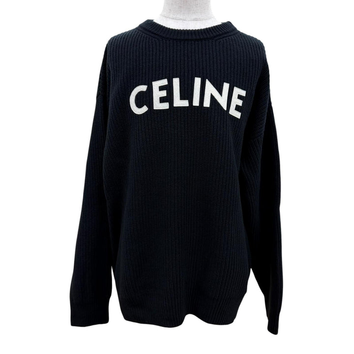 美品☆CELINE セリーヌ 2A19R423P ウール100％ ロゴエンブロイダリー オーバーサイズ ニット ブラック S イタリア製 正規品 メンズ