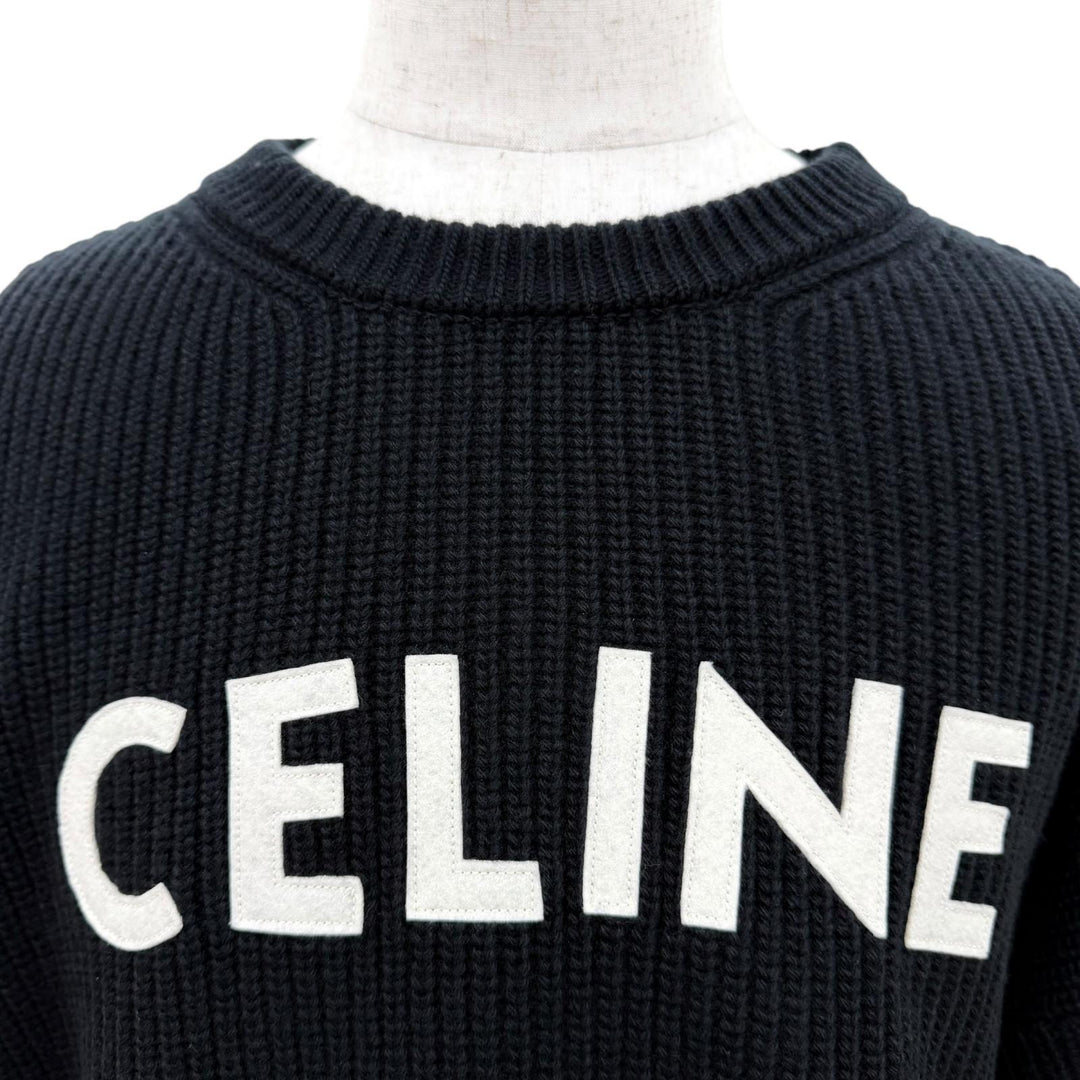美品☆CELINE セリーヌ 2A19R423P ウール100％ ロゴエンブロイダリー オーバーサイズ ニット ブラック S イタリア製 正規品 メンズ