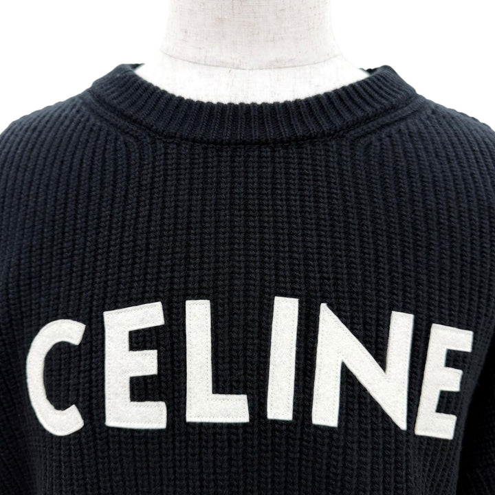 美品☆CELINE セリーヌ 2A19R423P ウール100％ ロゴエンブロイダリー オーバーサイズ ニット ブラック S イタリア製 正規品 メンズ