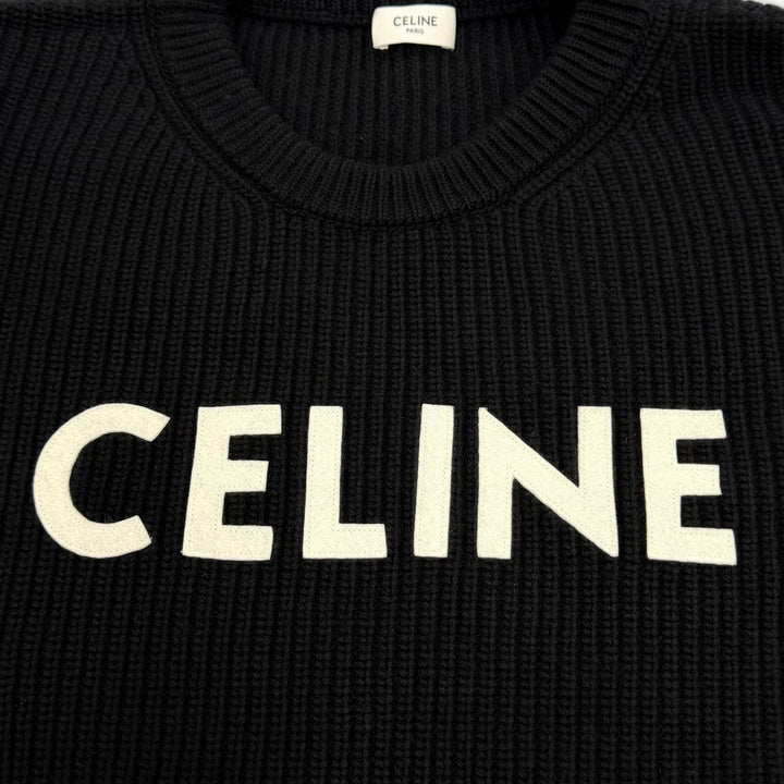 美品☆CELINE セリーヌ 2A19R423P ウール100％ ロゴエンブロイダリー オーバーサイズ ニット ブラック S イタリア製 正規品 メンズ