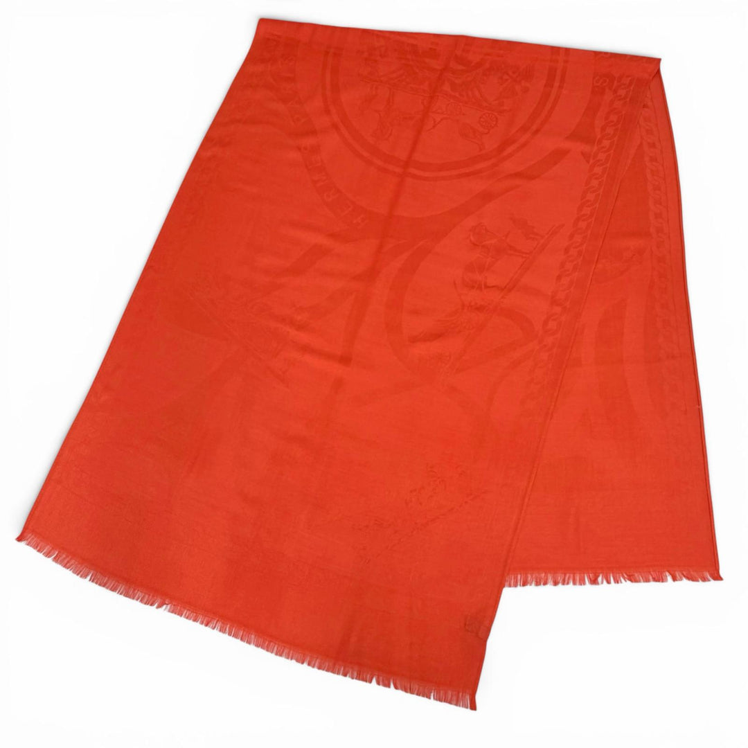 極美品△HERMES エルメス ロゴデザイン ミニフリンジ カシミヤ シルク ストール マフラー ショール レッド系 レディース オススメ◎