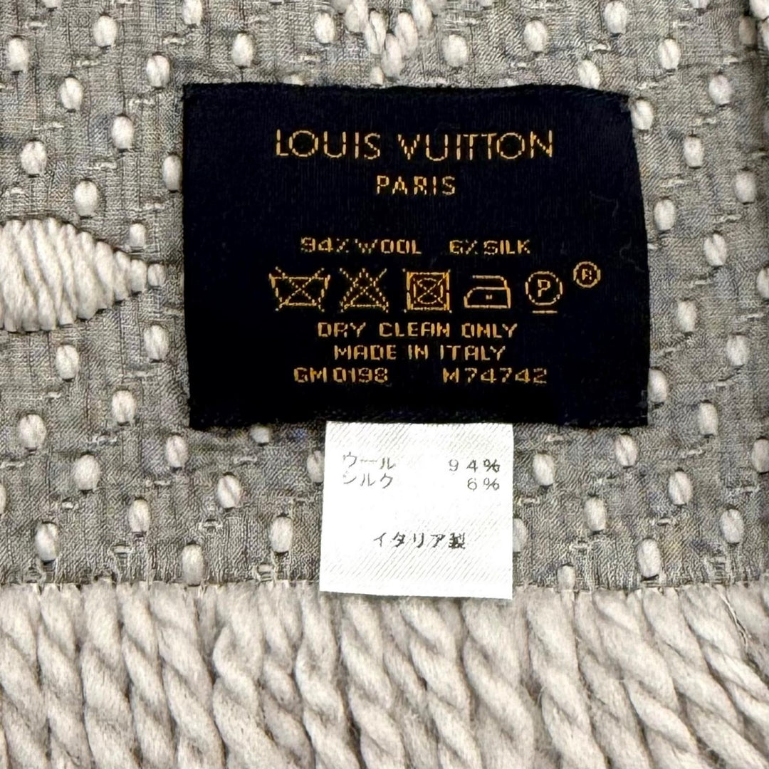 美品★LOUIS VUITTON ルイヴィトン M74742 エシャルプ ロゴマニア ウール シルク混 グリペルル フリンジ マフラー イタリア製 正規品