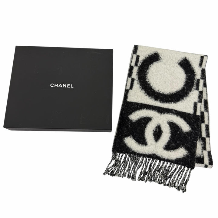 美品☆CHANEL シャネル AAA478 カシミヤ シルク混 ココマーク・ロゴデザイン フリンジ マフラー ブラック ホワイト イタリア製 箱付き