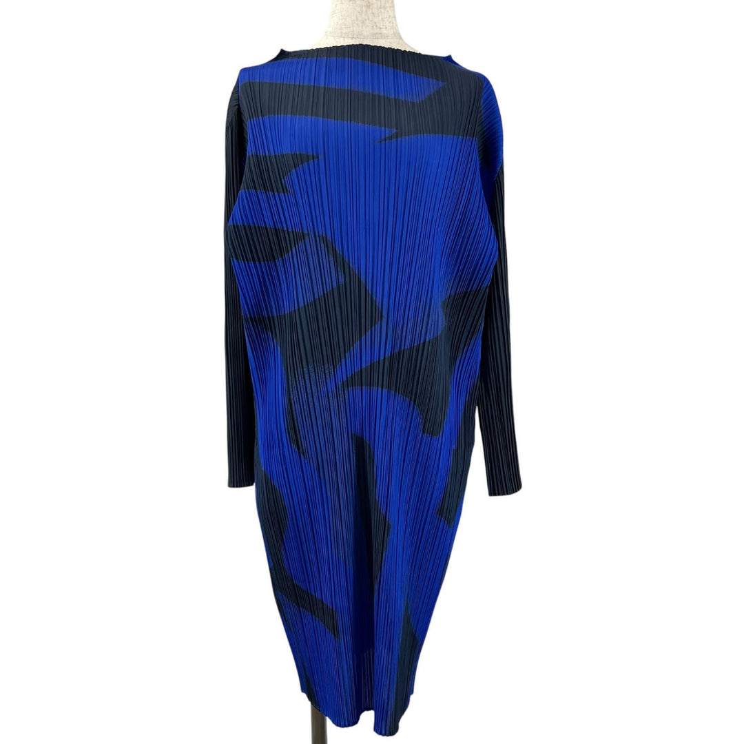 美品▲PLEATS PLEASE プリーツプリーズ イッセイミヤケ PP83-JH734 ワンピース ブルー ブラック 2 日本製 正規品 レディース