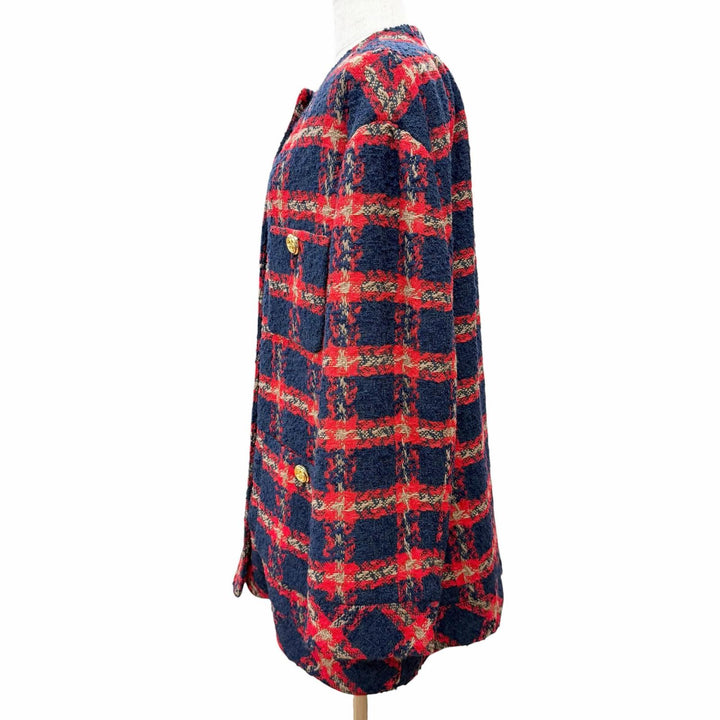 極美品△GUCCI グッチ 674336 GGロゴボタン チェック柄 ノーカラー ツイード ジャケット ネイビー レッド 42 伊製 正規品 レディース