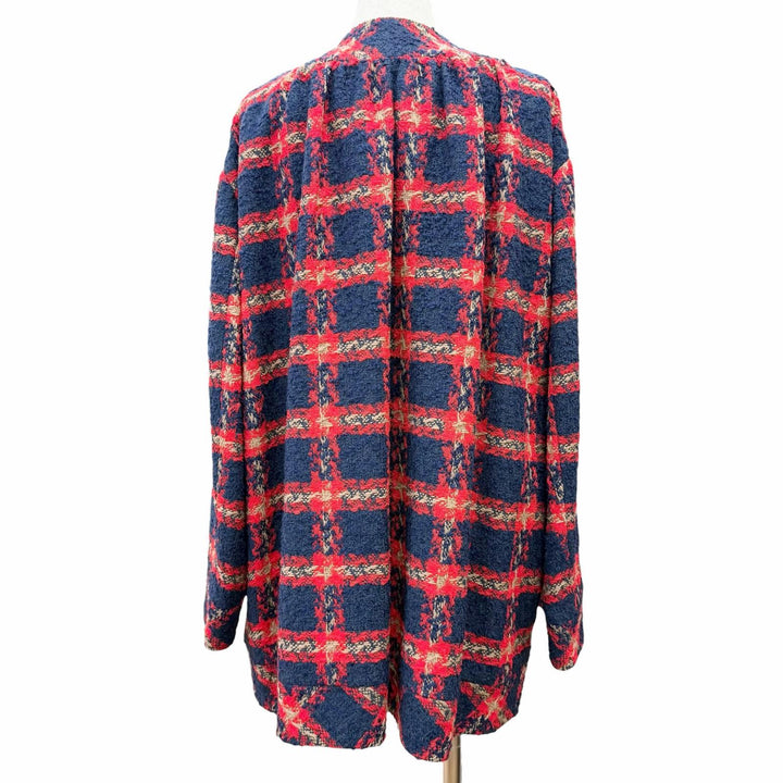 極美品△GUCCI グッチ 674336 GGロゴボタン チェック柄 ノーカラー ツイード ジャケット ネイビー レッド 42 伊製 正規品 レディース