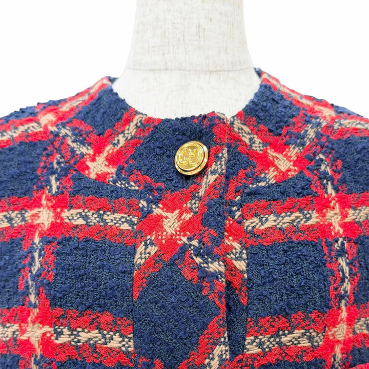 極美品△GUCCI グッチ 674336 GGロゴボタン チェック柄 ノーカラー ツイード ジャケット ネイビー レッド 42 伊製 正規品 レディース