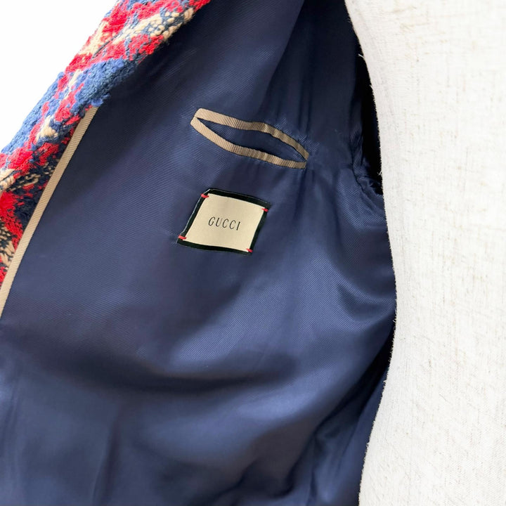極美品△GUCCI グッチ 674336 GGロゴボタン チェック柄 ノーカラー ツイード ジャケット ネイビー レッド 42 伊製 正規品 レディース