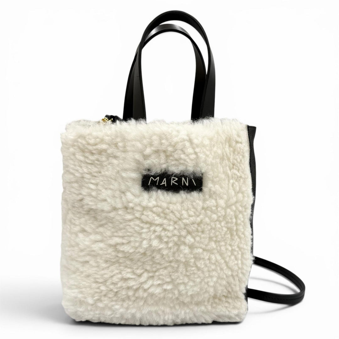極美品★MARNI マルニ SHMP0040DL5 MUSEO SOFT MINI ラムファー シアリング 2WAY レザー ショルダーバッグ オフホワイト ブラック 袋付