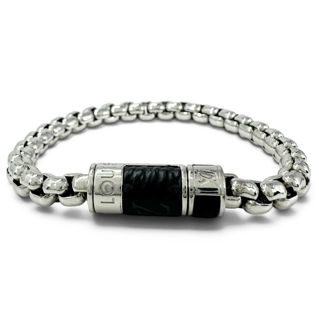 極美品▲LOUIS VUITTON ルイヴィトン M62592 ブレスレット チェーン モノグラム エクリプス シルバー イタリア製 メンズ 箱・保存袋付き