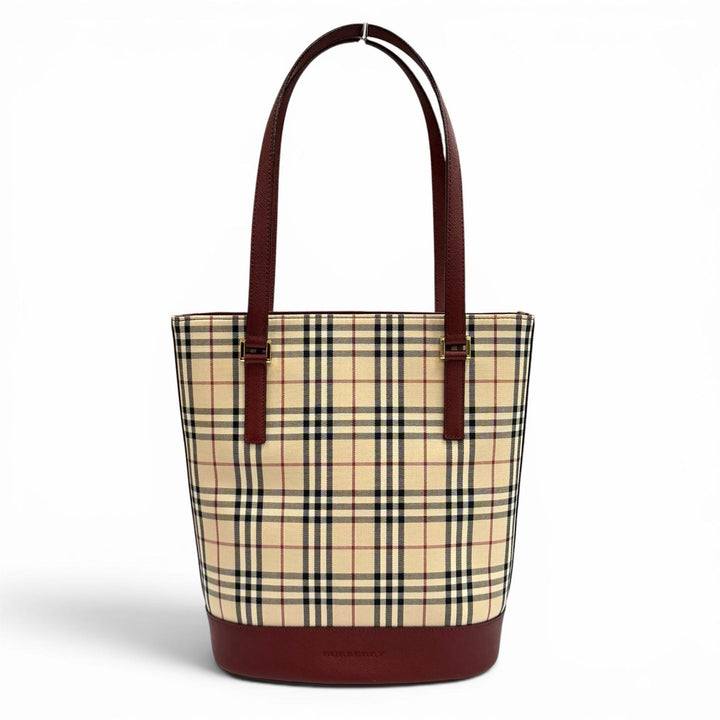 極美品★BURBERRY バーバリー ヴィンテージ ロゴ入り ノバチェック柄 切り替えデザイン レザー トートバッグ ベージュ ボルドー 袋付