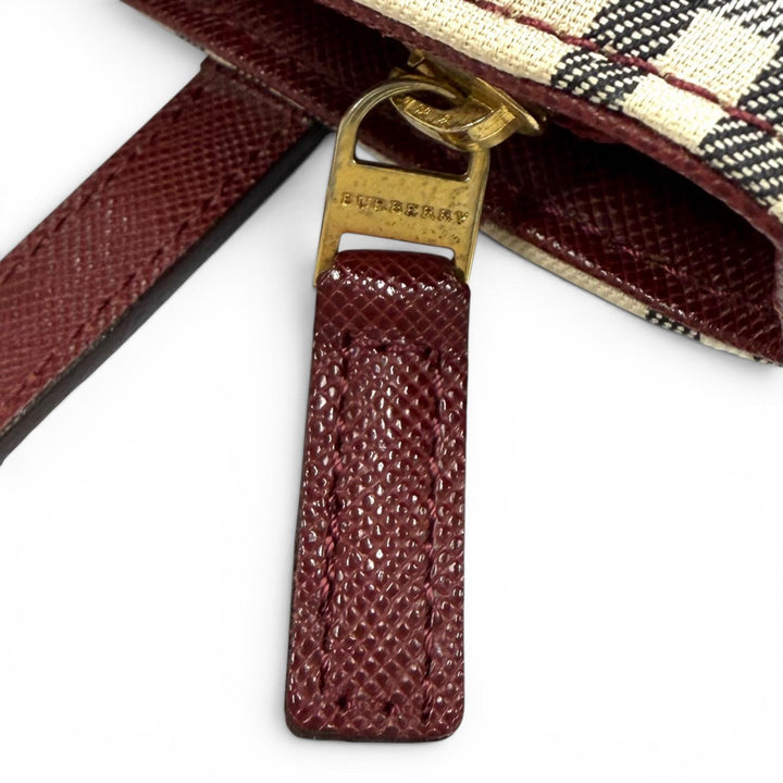 極美品★BURBERRY バーバリー ヴィンテージ ロゴ入り ノバチェック柄 切り替えデザイン レザー トートバッグ ベージュ ボルドー 袋付