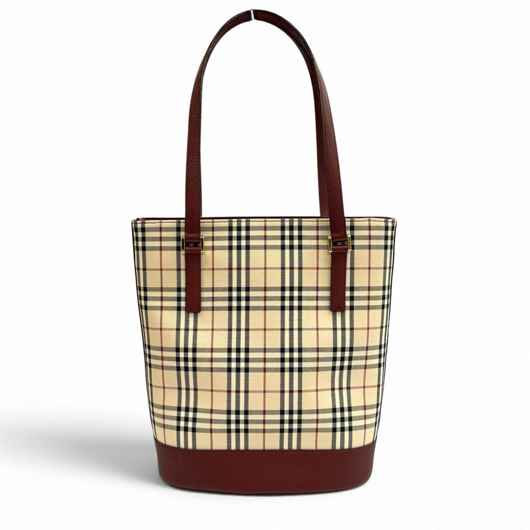 極美品★BURBERRY バーバリー ヴィンテージ ロゴ入り ノバチェック柄 切り替えデザイン レザー トートバッグ ベージュ ボルドー 袋付