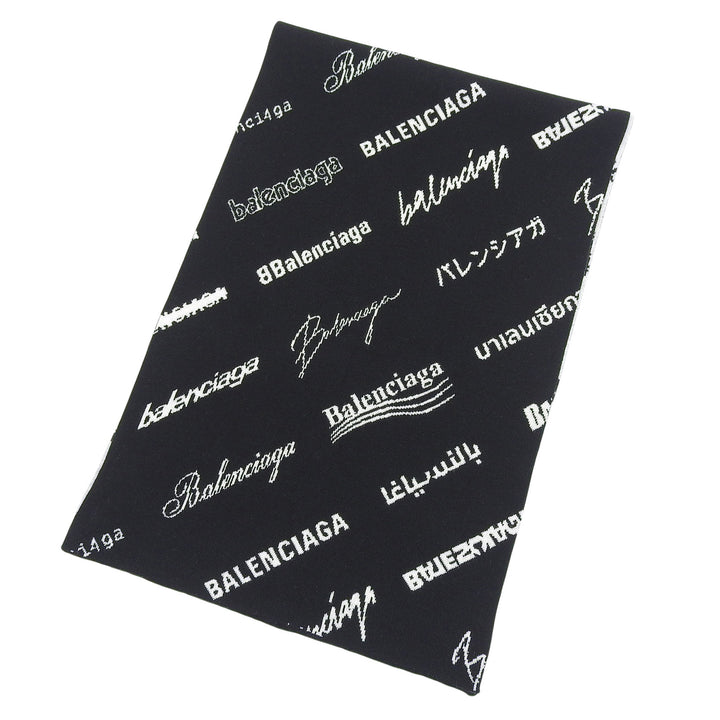 未使用品▲BALENCIAGA バレンシアガ 2022年製 724701 LOGOMANIA ALL OVER ウール リバーシブル マフラー ブラック ホワイト 正規品 メンズ