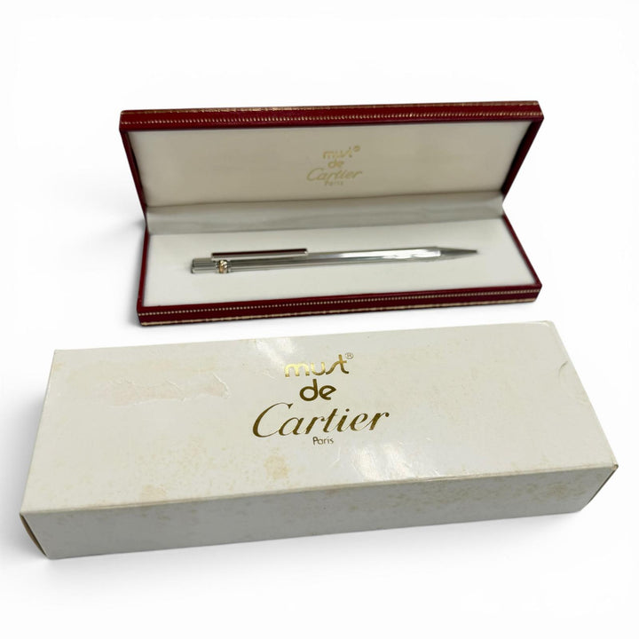 極美品▼Cartier カルティエ マスト ドゥ カルティエ トリニティ ストライプ柄 ツイスト式 ボールペン シルバー ボルドー フランス製