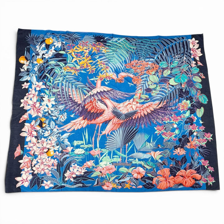 極美品△HERMES エルメス パレオ FLAMINGO PARTY フラミンゴ パーティー コットン100％ 大判 ショール ストール スカーフ ブルー