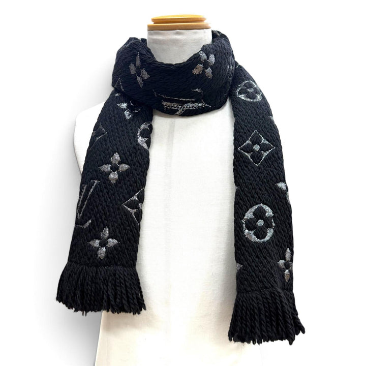 美品▼LOUIS VUITTON ルイヴィトン M75833 エシャルプ ロゴマニア シャイン ウール シルク モノグラム フリンジ付き マフラー 正規品