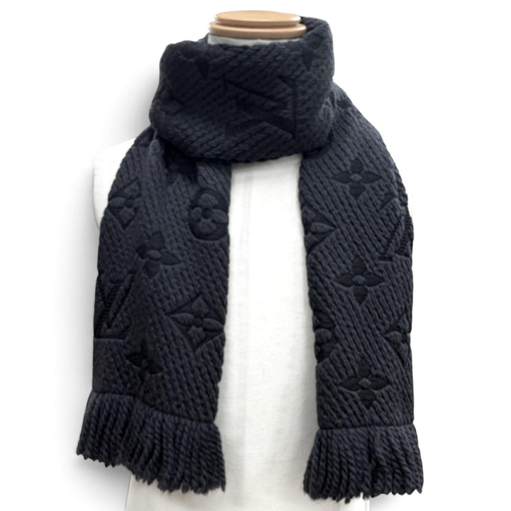 美品▼LOUIS VUITTON ルイヴィトン 402336 エシャルプ ロゴマニア ウール シルク アントラシット モノグラム フリンジ付 マフラー 正規品