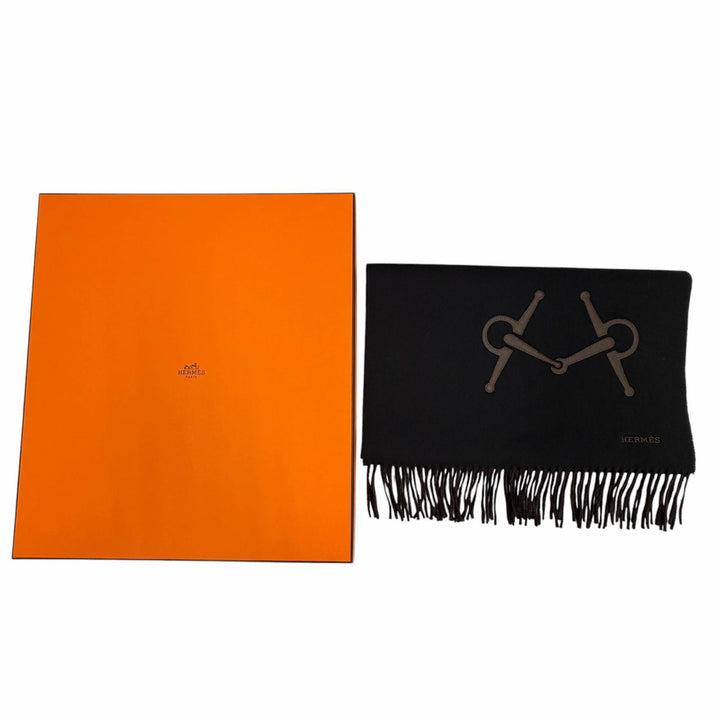 極美品▼HERMES エルメス カシミヤ100% ブラック マロン エボニー レザーホースビット ロゴ刺繍 リバーシブル ストール 大判マフラー