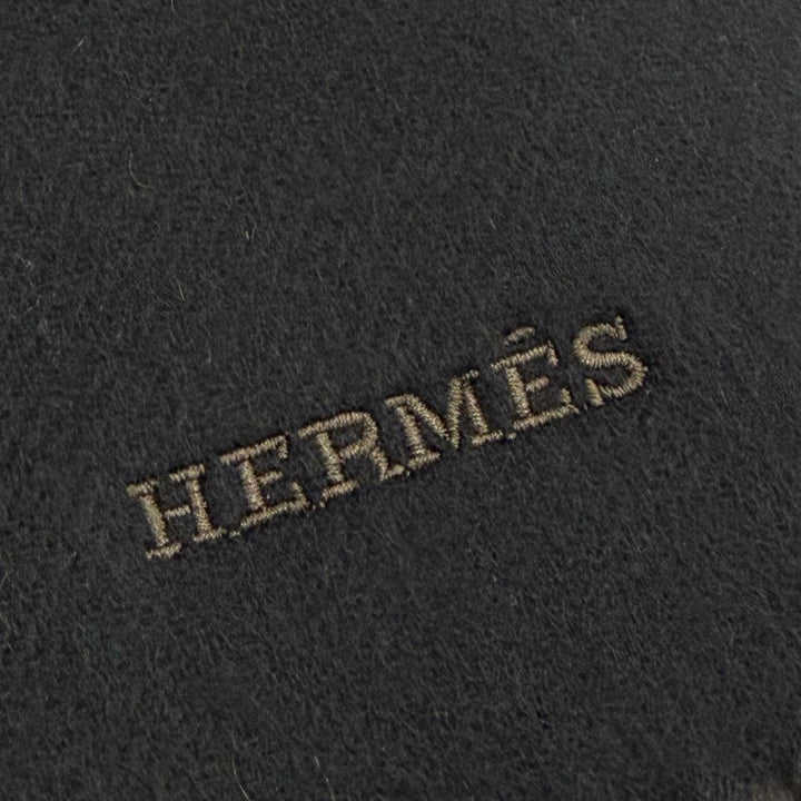 極美品▼HERMES エルメス カシミヤ100% ブラック マロン エボニー レザーホースビット ロゴ刺繍 リバーシブル ストール 大判マフラー