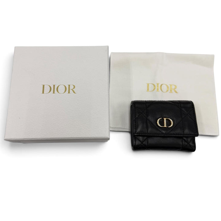 美品☆DIOR ディオール S4207UHNN Dior Caro Hibiscus クリスタル ウォレット レザー ラインストーン 日本限定 ブラック 定価120000円