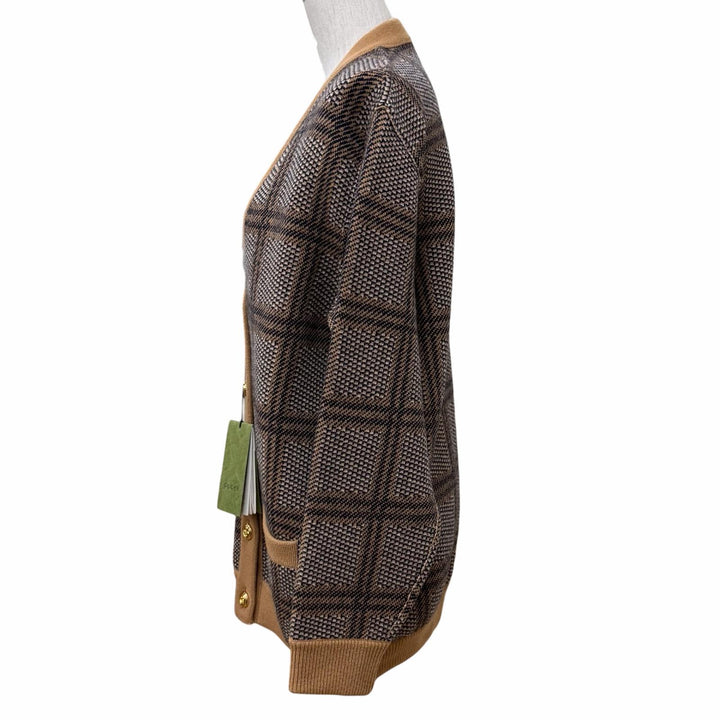 未使用品★GUCCI グッチ 773903 ウール混 リバーシブル チェック ジャンボGG オーバーサイズ ニット カーディガン ブラウン XS 正規品