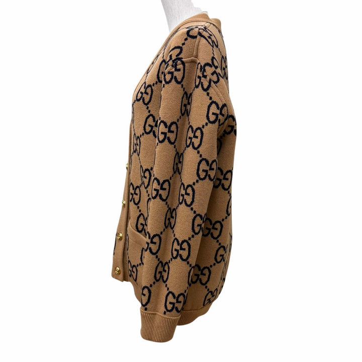 未使用品★GUCCI グッチ 773903 ウール混 リバーシブル チェック ジャンボGG オーバーサイズ ニット カーディガン ブラウン XS 正規品