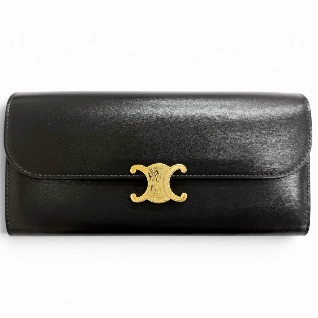 極美品△CELINE セリーヌ 10E313DPV シャイニーカーフスキン トリオンフ フラップ ラージウォレット 二つ折り 長財布 ブラック 箱 袋付き