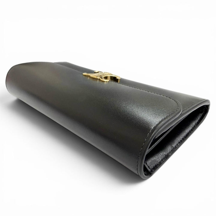 極美品△CELINE セリーヌ 10E313DPV シャイニーカーフスキン トリオンフ フラップ ラージウォレット 二つ折り 長財布 ブラック 箱 袋付き