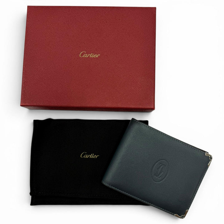 未使用品◇Cartier カルティエ レザー マストドゥカルティエ ロゴ入り 札入れ 二つ折り財布 ネイビー系 シルバー金具 イタリア製 メンズ