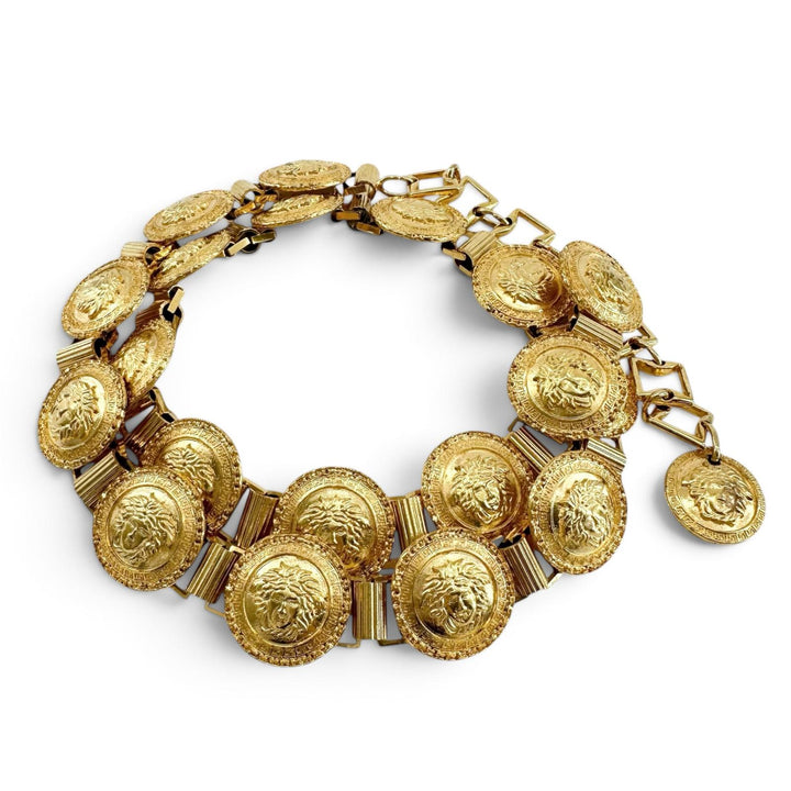 極美品▲Gianni Versace ジャンニヴェルサーチ ヴィンテージ メデューサロゴ コインモチーフ チェーン ベルト ゴールド 伊製 レディース