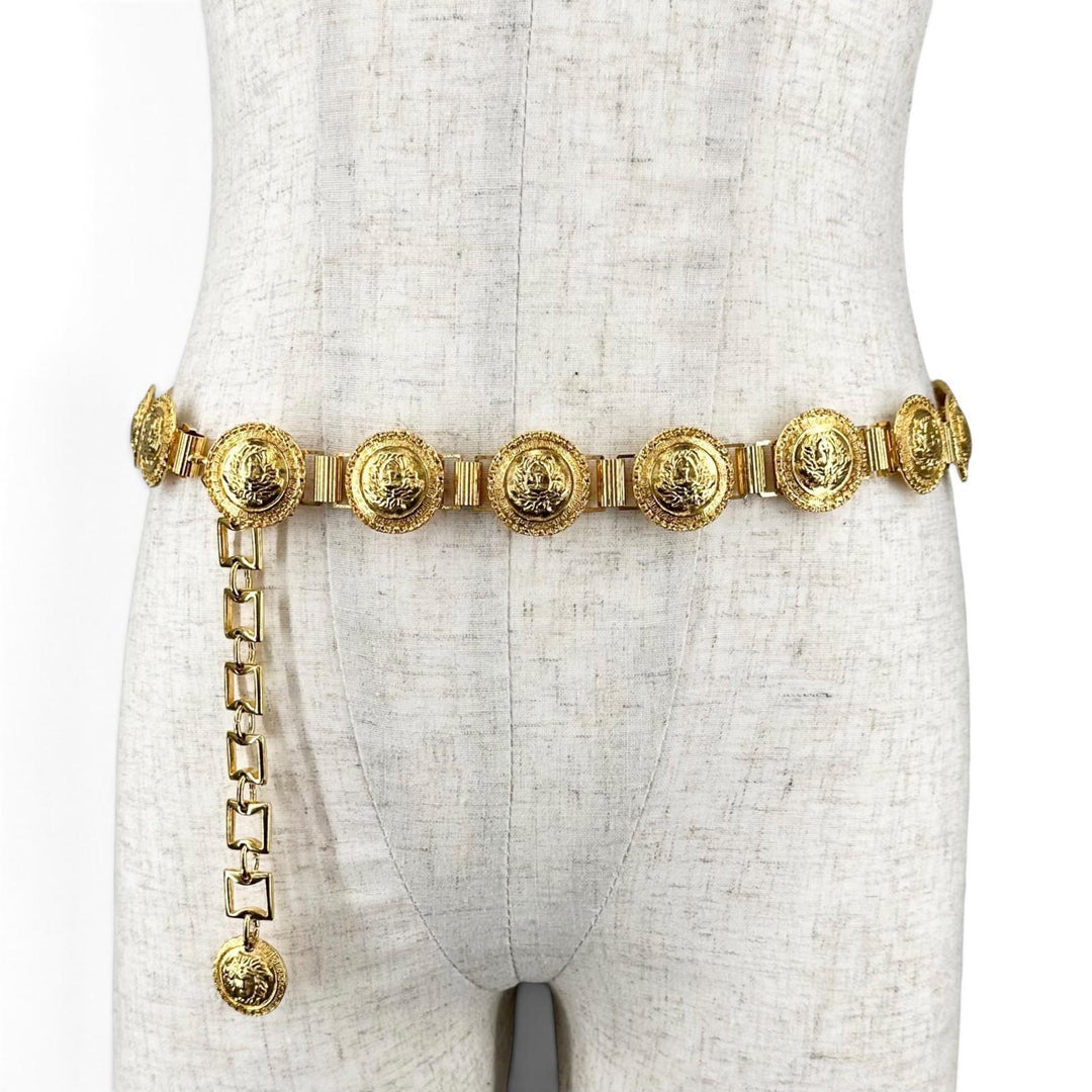 極美品▲Gianni Versace ジャンニヴェルサーチ ヴィンテージ メデューサロゴ コインモチーフ チェーン ベルト ゴールド 伊製 レディース