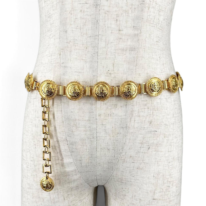 極美品▲Gianni Versace ジャンニヴェルサーチ ヴィンテージ メデューサロゴ コインモチーフ チェーン ベルト ゴールド 伊製 レディース