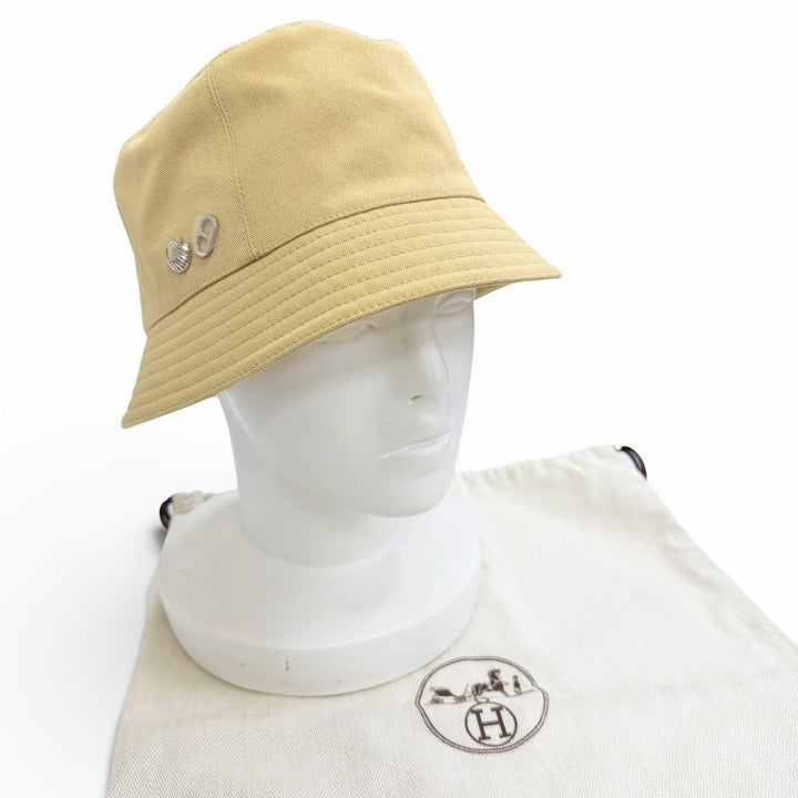 未使用品△HERMES エルメス カルヴィ シーシェル コットン100％ シルバー金具 シェーヌダンクル バケットハット 帽子 ベージュ 58 正規品