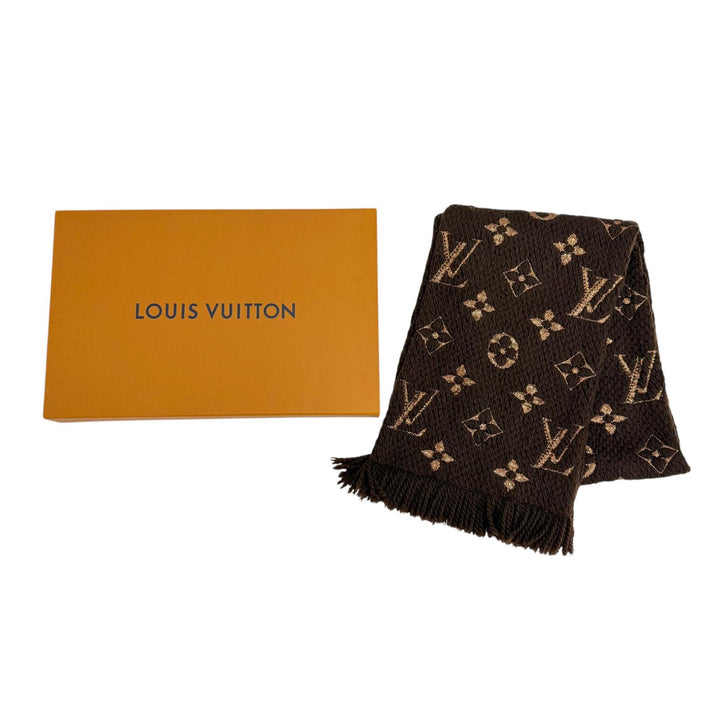 美品☆LOUIS VUITTON ルイヴィトン M71383 エシャルプ ロゴマニア シャイン ウール シルク マロン モノグラム フリンジ マフラー 正規品