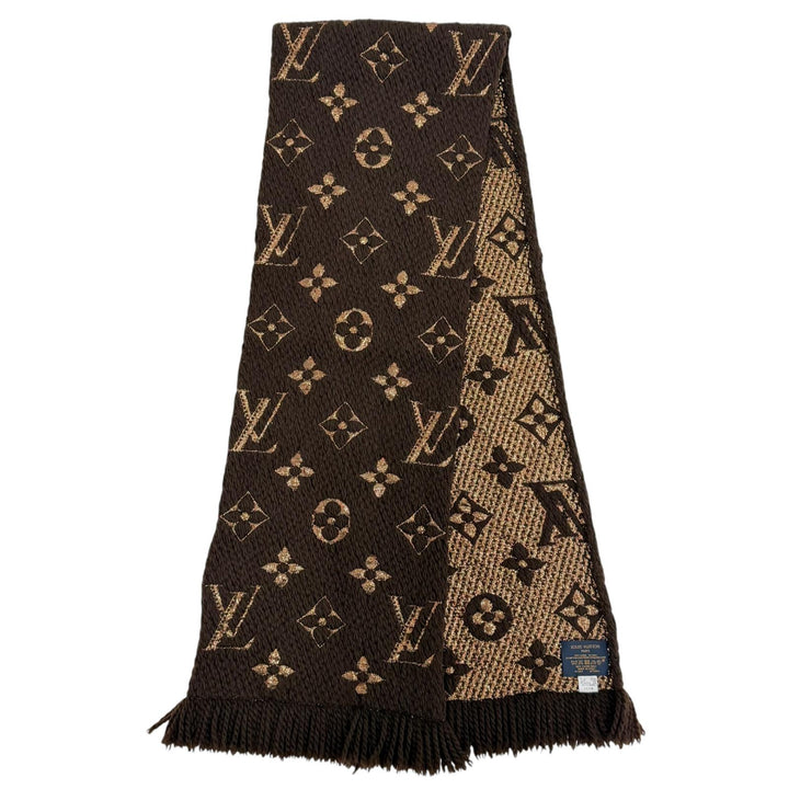 美品☆LOUIS VUITTON ルイヴィトン M71383 エシャルプ ロゴマニア シャイン ウール シルク マロン モノグラム フリンジ マフラー 正規品
