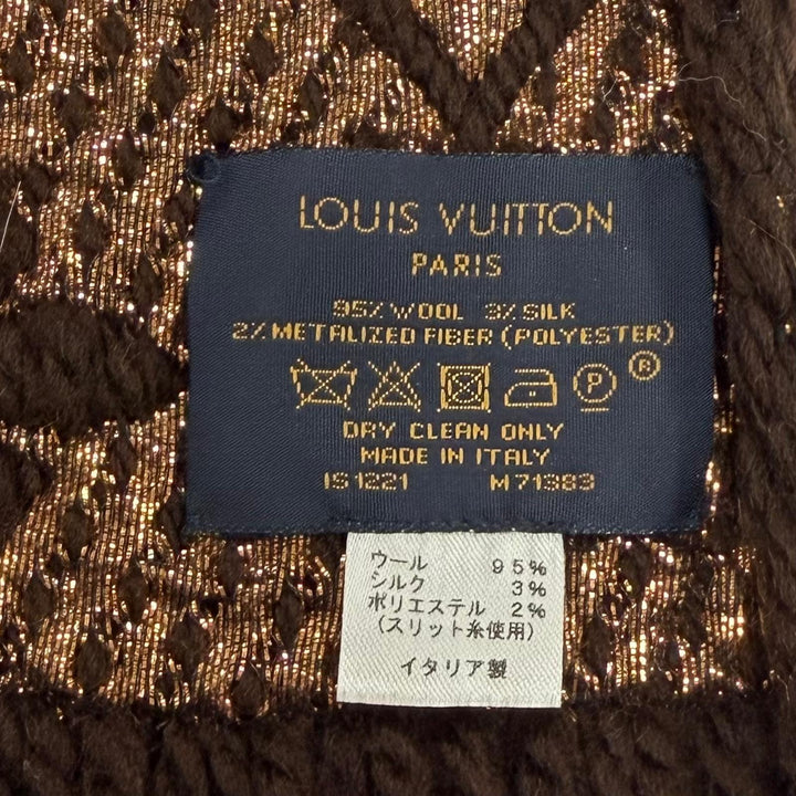 美品☆LOUIS VUITTON ルイヴィトン M71383 エシャルプ ロゴマニア シャイン ウール シルク マロン モノグラム フリンジ マフラー 正規品