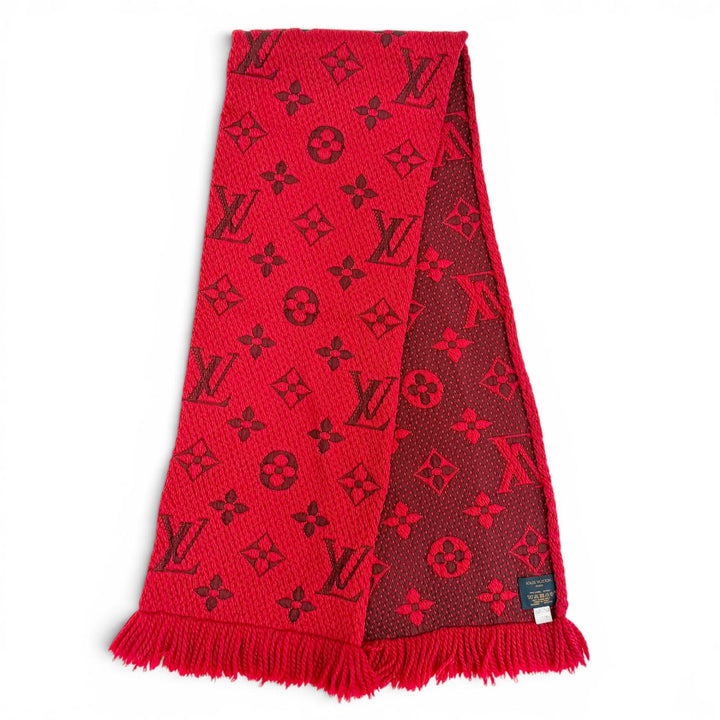 美品△LOUIS VUITTON ルイヴィトン M72432 エシャルプ ロゴマニア ウール シルク ルビー モノグラム フリンジ マフラー 伊製 正規品