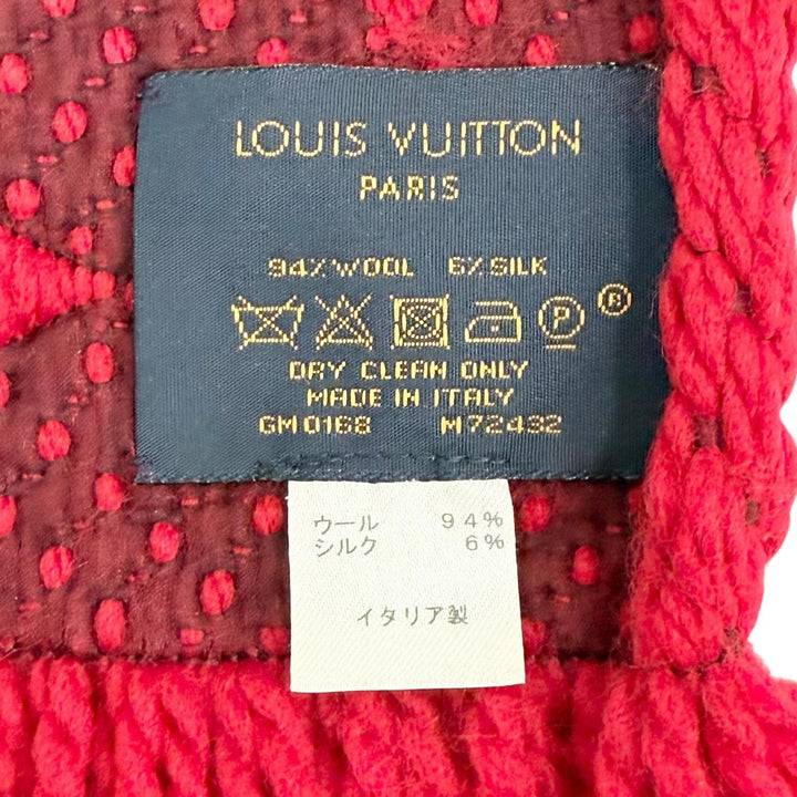 美品△LOUIS VUITTON ルイヴィトン M72432 エシャルプ ロゴマニア ウール シルク ルビー モノグラム フリンジ マフラー 伊製 正規品