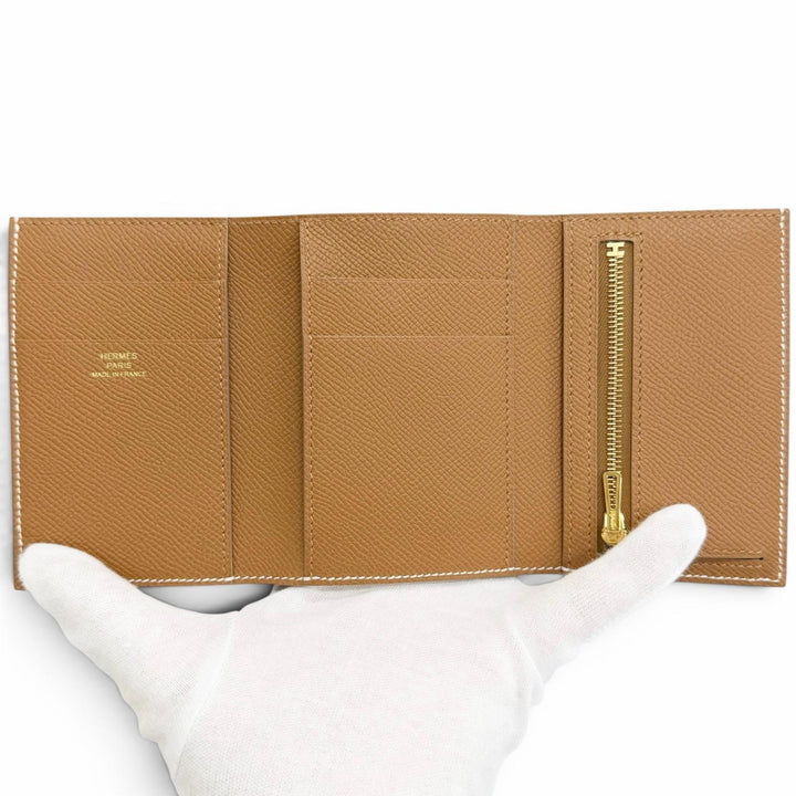 未使用品△HERMES エルメス ベアンコンビネ ヴェルソ ヴォーエプソン クレ ゴールド ゴールド金具 三つ折り財布 W刻印 フランス製 箱付き