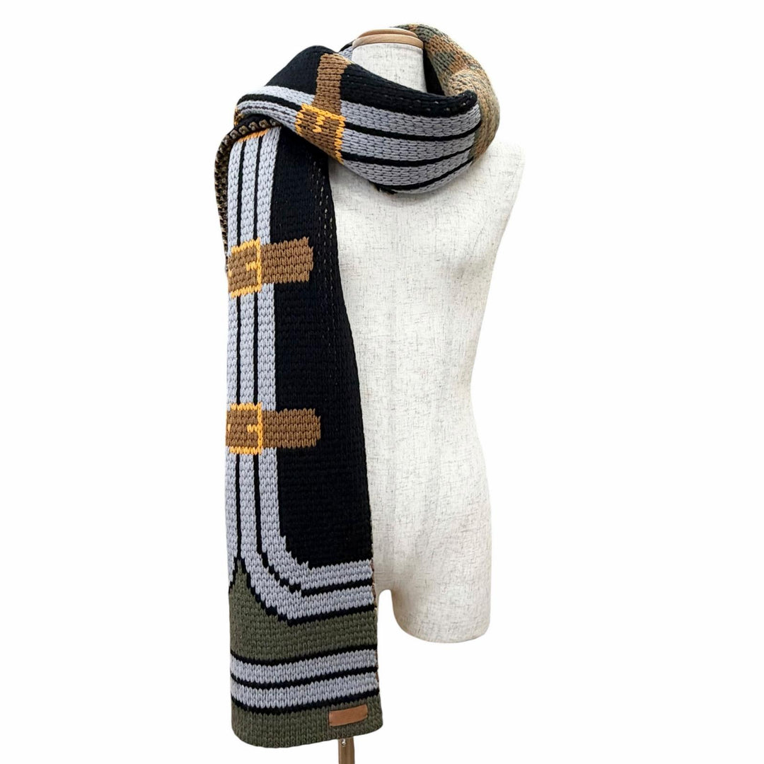 極美品△HERMES エルメス H521729S グランデ テヌエ カシミヤ100％ ロゴレザーワッペン付き ロング マフラー ブラック カーキ 正規品