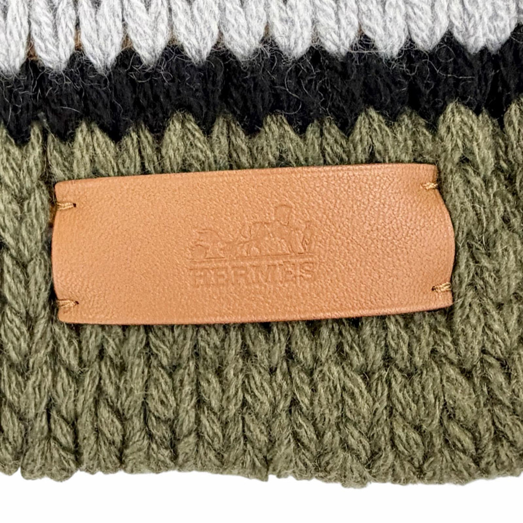 極美品△HERMES エルメス H521729S グランデ テヌエ カシミヤ100％ ロゴレザーワッペン付き ロング マフラー ブラック カーキ 正規品
