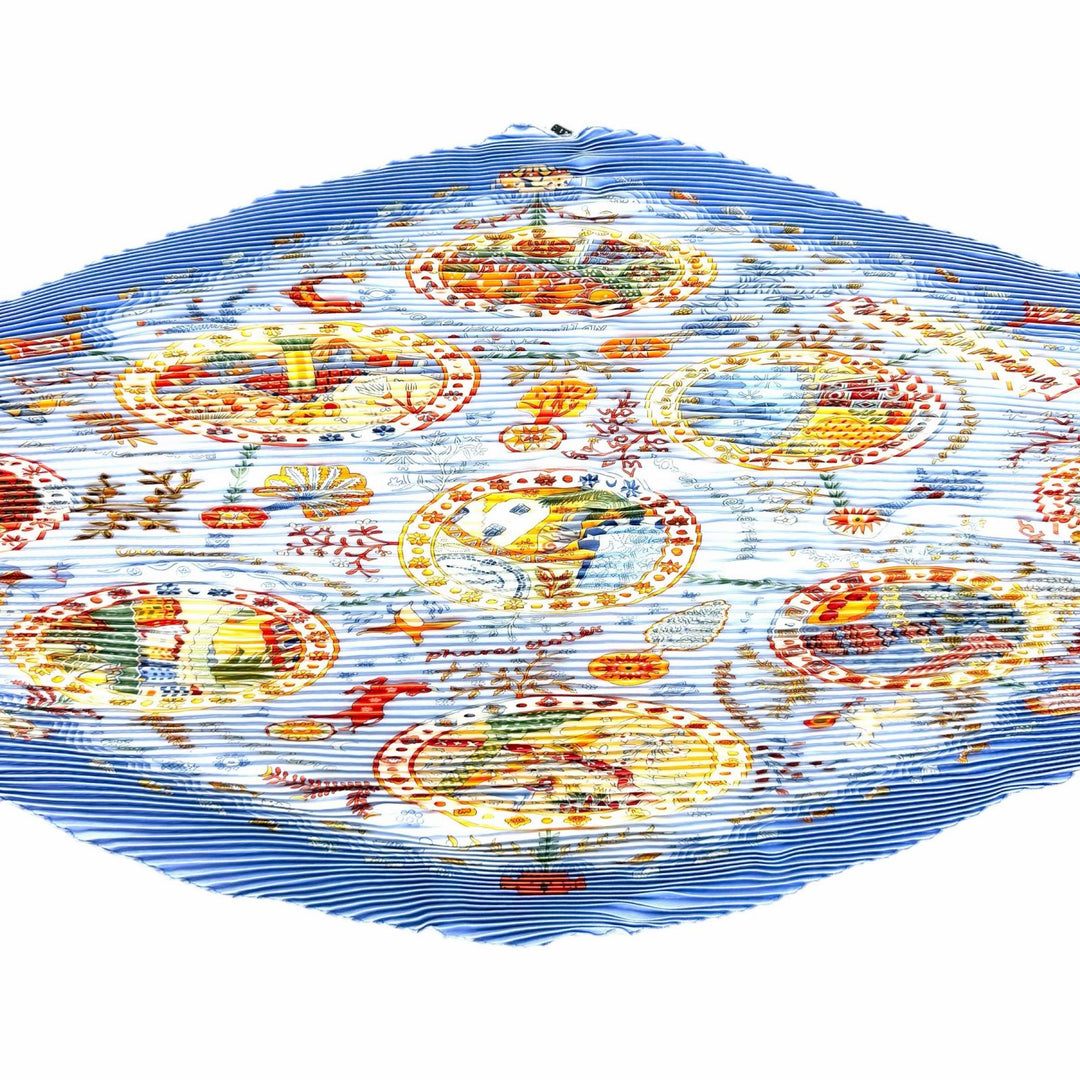 極美品★HERMES エルメス カレ90 Escales Mediterraneennes 地中海の港町 シルク100％ ひし形 プリーツ スカーフ ブルー系 箱付き