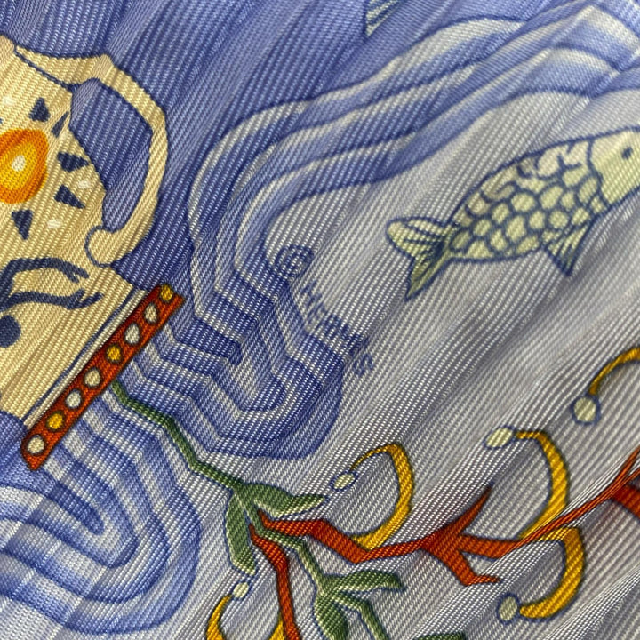 極美品★HERMES エルメス カレ90 Escales Mediterraneennes 地中海の港町 シルク100％ ひし形 プリーツ スカーフ ブルー系 箱付き