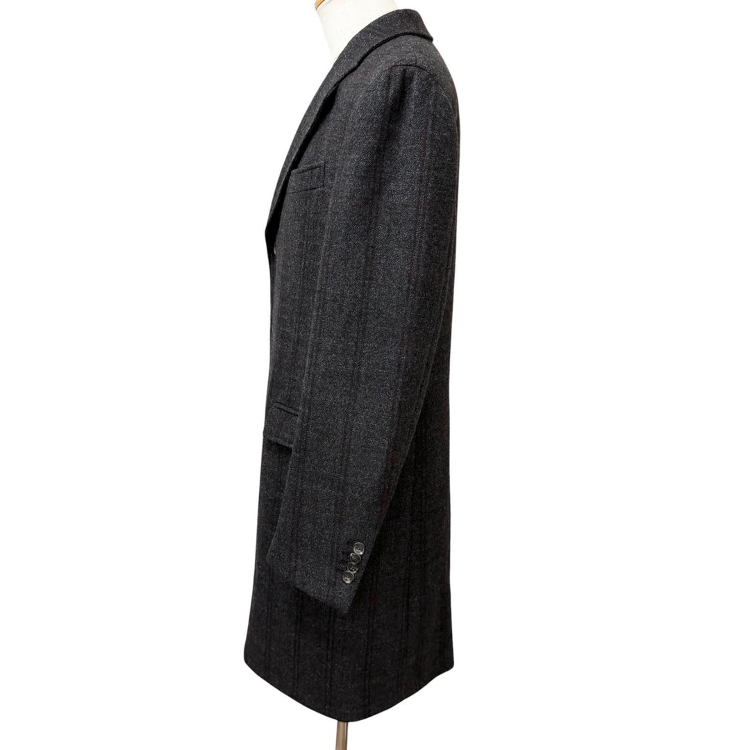 美品□Salvatore Ferragamo サルヴァトーレフェラガモ ウール100％ ストライプ柄 チェスターコート チャコール 52 イタリア製 正規品